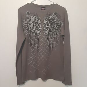 MMA Elite Long Sleeve Shirt Grey Waffle Thermal Y2K Men’s M Cross Skulls VTG